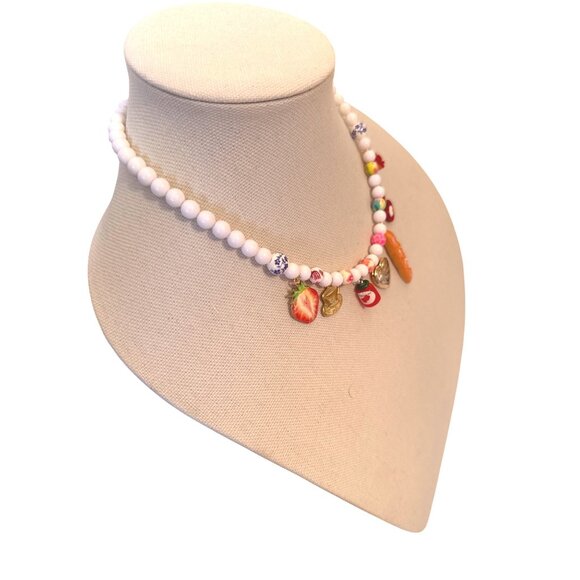 Handmade Beaded Necklace With White Beads & Assorted Fruit-Themed Charms Includi